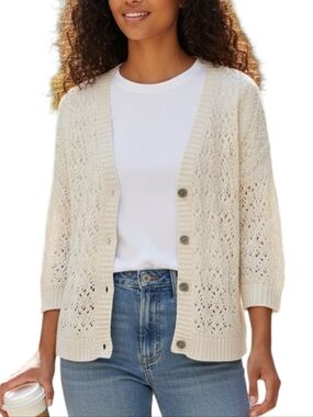 Zara Cream Openwork Button-Front Cardigan Knit Lightweight Women’s Sweater Sz L